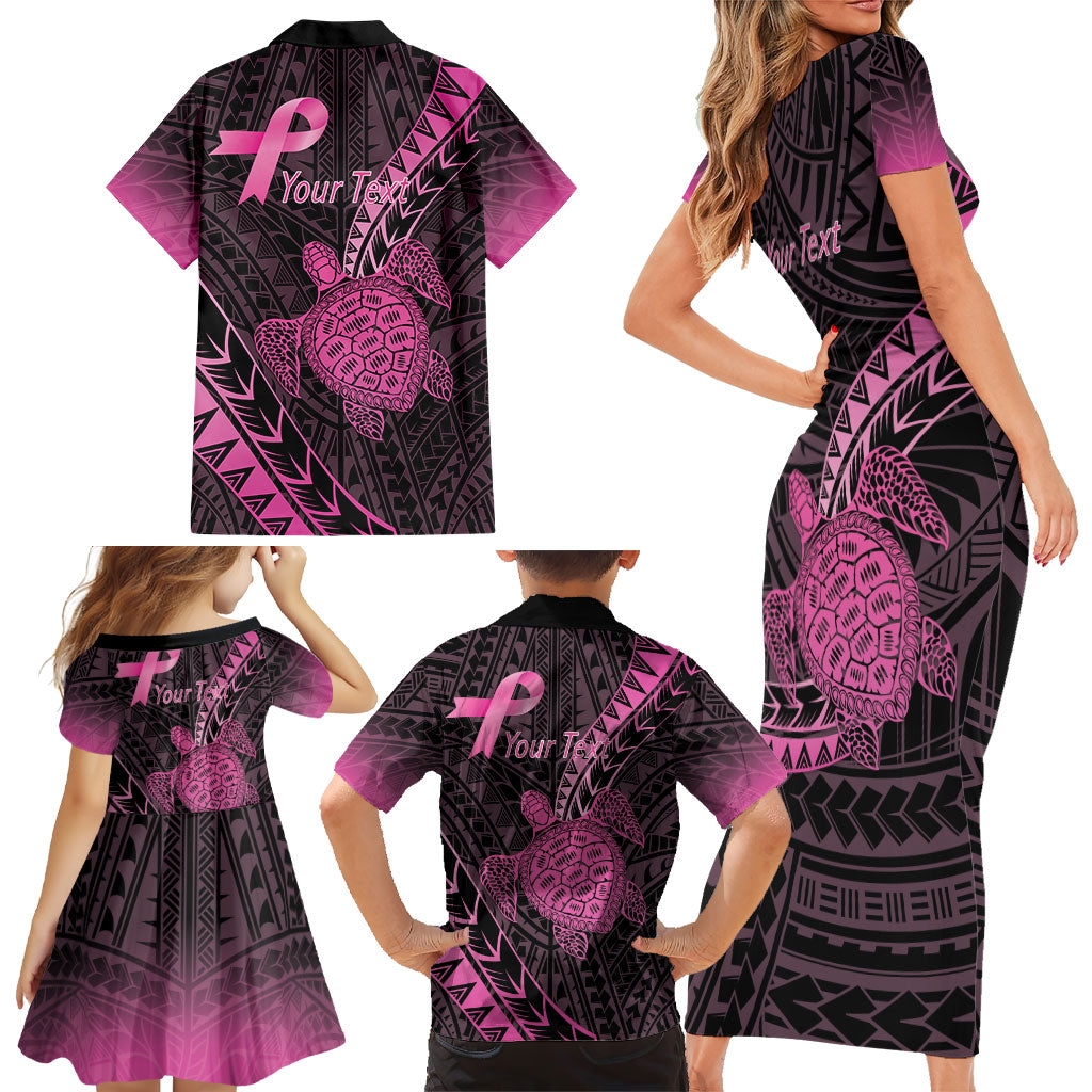 Breast Cancer Awareness Personalised Family Matching Short Sleeve Bodycon Dress and Hawaiian Shirt Pink Ribbon Turtle Polynesian Pattern Black