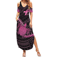 Breast Cancer Awareness Personalised Family Matching Summer Maxi Dress and Hawaiian Shirt Pink Ribbon Turtle Polynesian Pattern Black