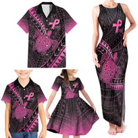 Breast Cancer Awareness Personalised Family Matching Tank Maxi Dress and Hawaiian Shirt Pink Ribbon Turtle Polynesian Pattern Black