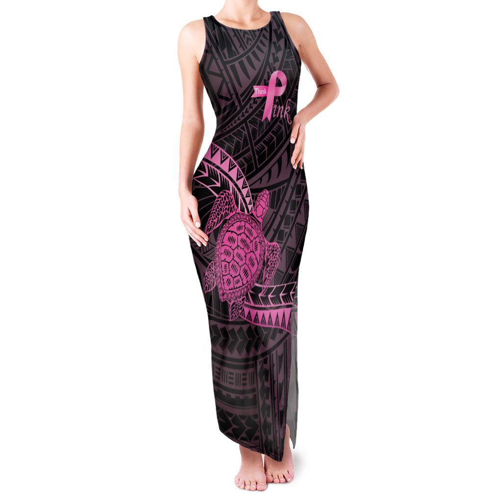 Breast Cancer Awareness Personalised Family Matching Tank Maxi Dress and Hawaiian Shirt Pink Ribbon Turtle Polynesian Pattern Black