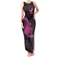Breast Cancer Awareness Personalised Family Matching Tank Maxi Dress and Hawaiian Shirt Pink Ribbon Turtle Polynesian Pattern Black