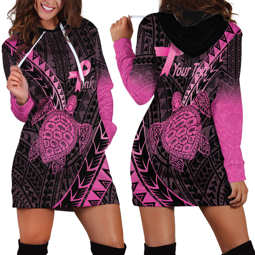 Breast Cancer Awareness Personalised Hoodie Dress Pink Ribbon Turtle Polynesian Pattern Black LT22 - Polynesian Pride