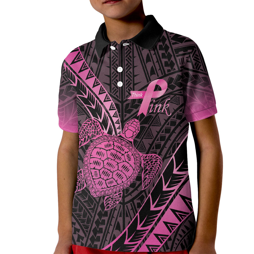Breast Cancer Awareness Personalised Kid Polo Shirt Pink Ribbon Turtle Polynesian Pattern Black LT22 Kid Pink - Polynesian Pride