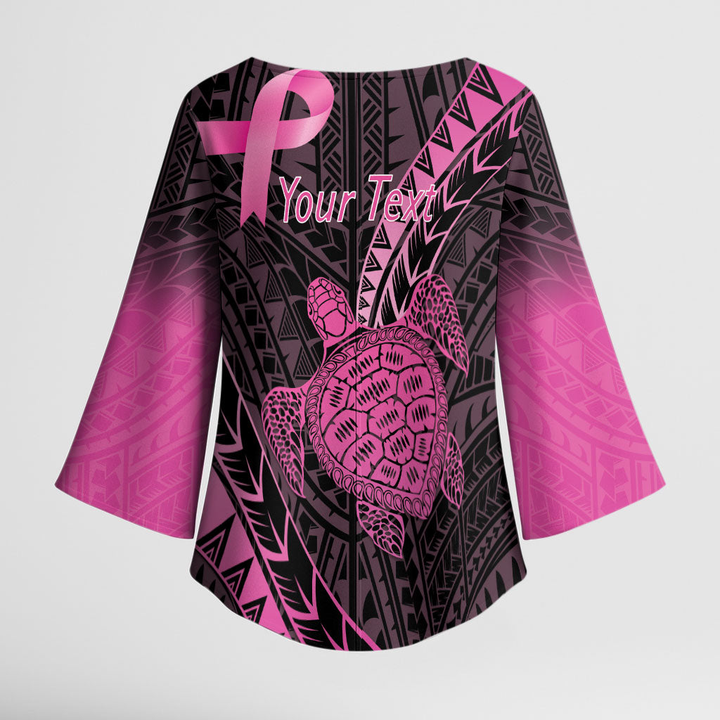 Breast Cancer Awareness Personalised Kimono Sleeve Blouse Pink Ribbon Turtle Polynesian Pattern Black LT22 - Polynesian Pride