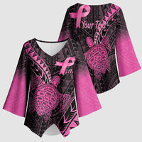 Breast Cancer Awareness Personalised Kimono Sleeve Blouse Pink Ribbon Turtle Polynesian Pattern Black LT22 - Polynesian Pride