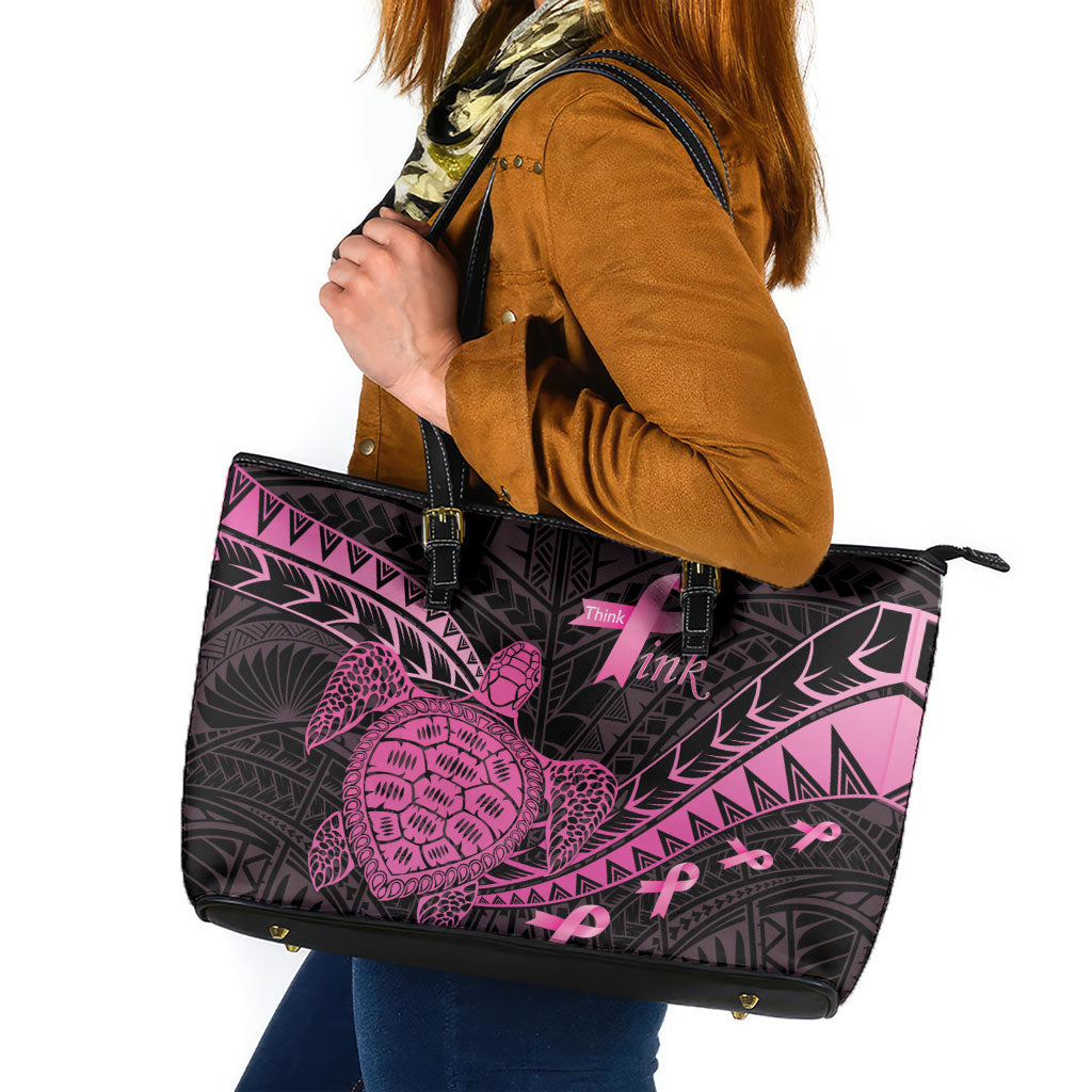 Breast Cancer Awareness Leather Tote Bag Pink Ribbon Turtle Polynesian Pattern Black