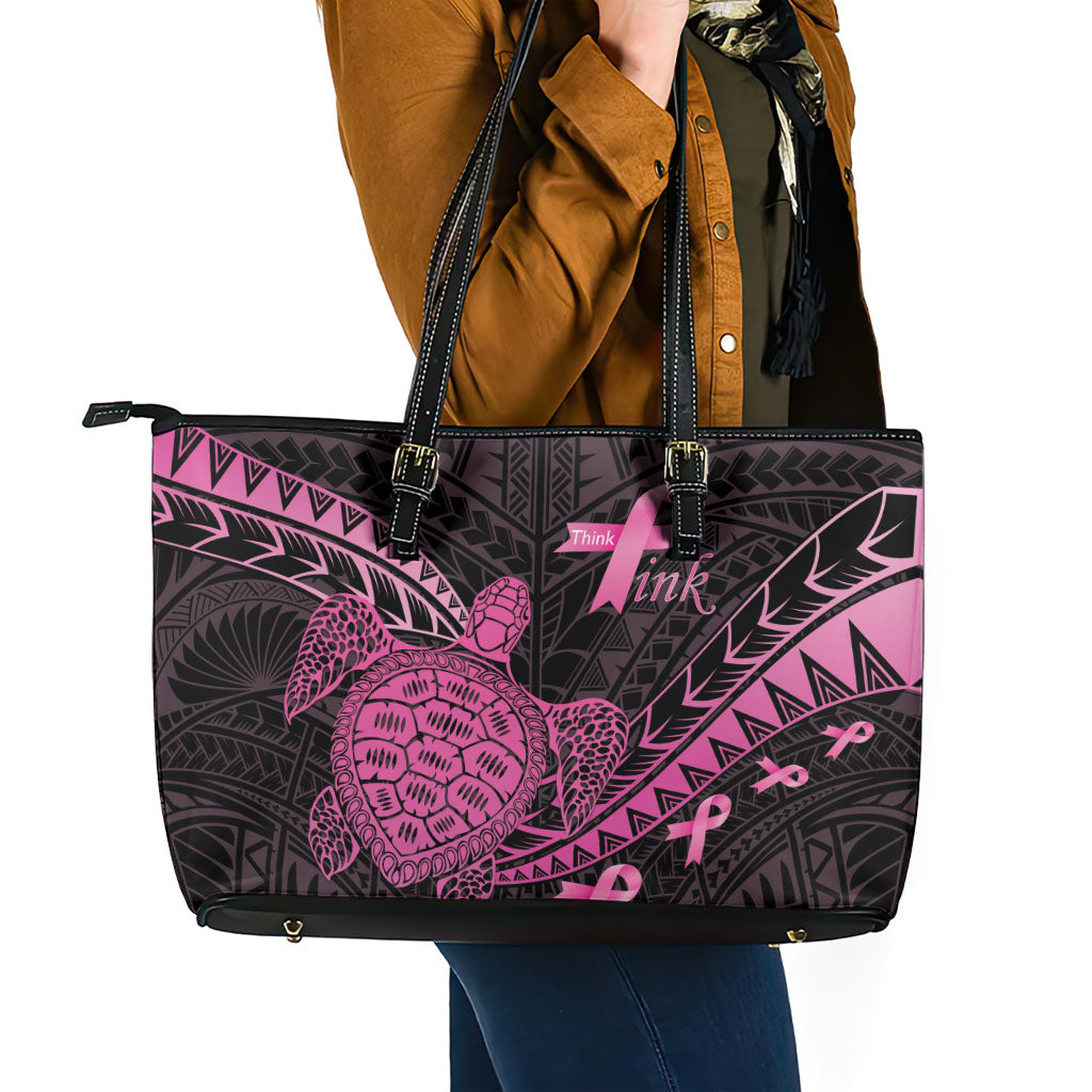 Breast Cancer Awareness Leather Tote Bag Pink Ribbon Turtle Polynesian Pattern Black