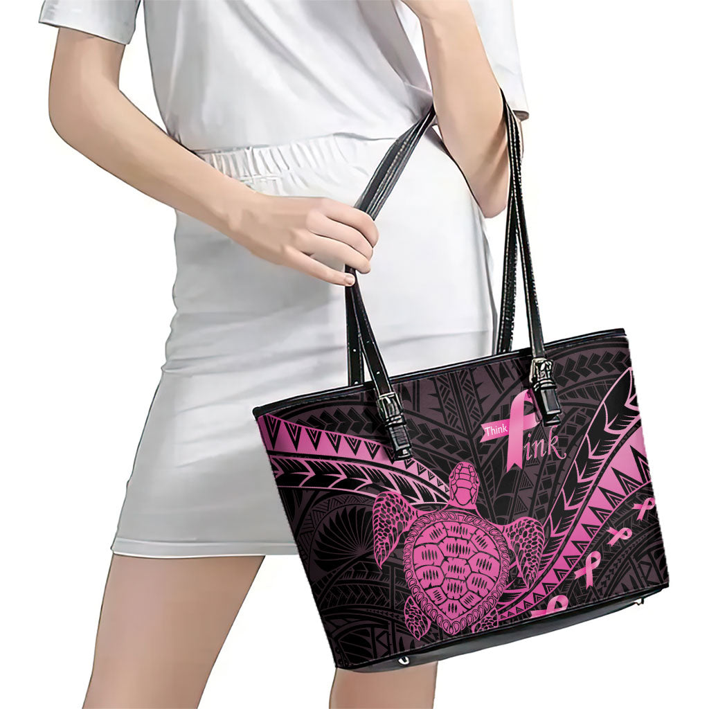 Breast Cancer Awareness Leather Tote Bag Pink Ribbon Turtle Polynesian Pattern Black