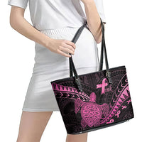 Breast Cancer Awareness Leather Tote Bag Pink Ribbon Turtle Polynesian Pattern Black