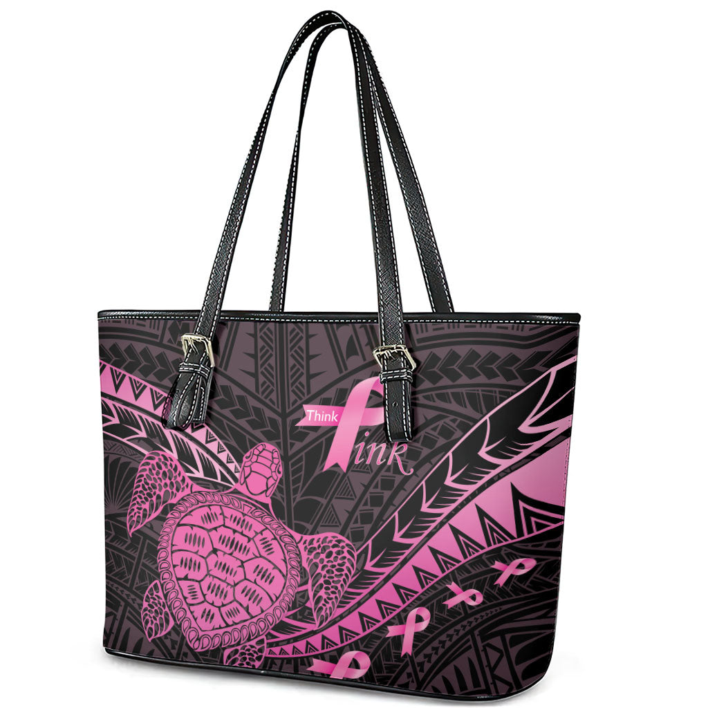 Breast Cancer Awareness Leather Tote Bag Pink Ribbon Turtle Polynesian Pattern Black