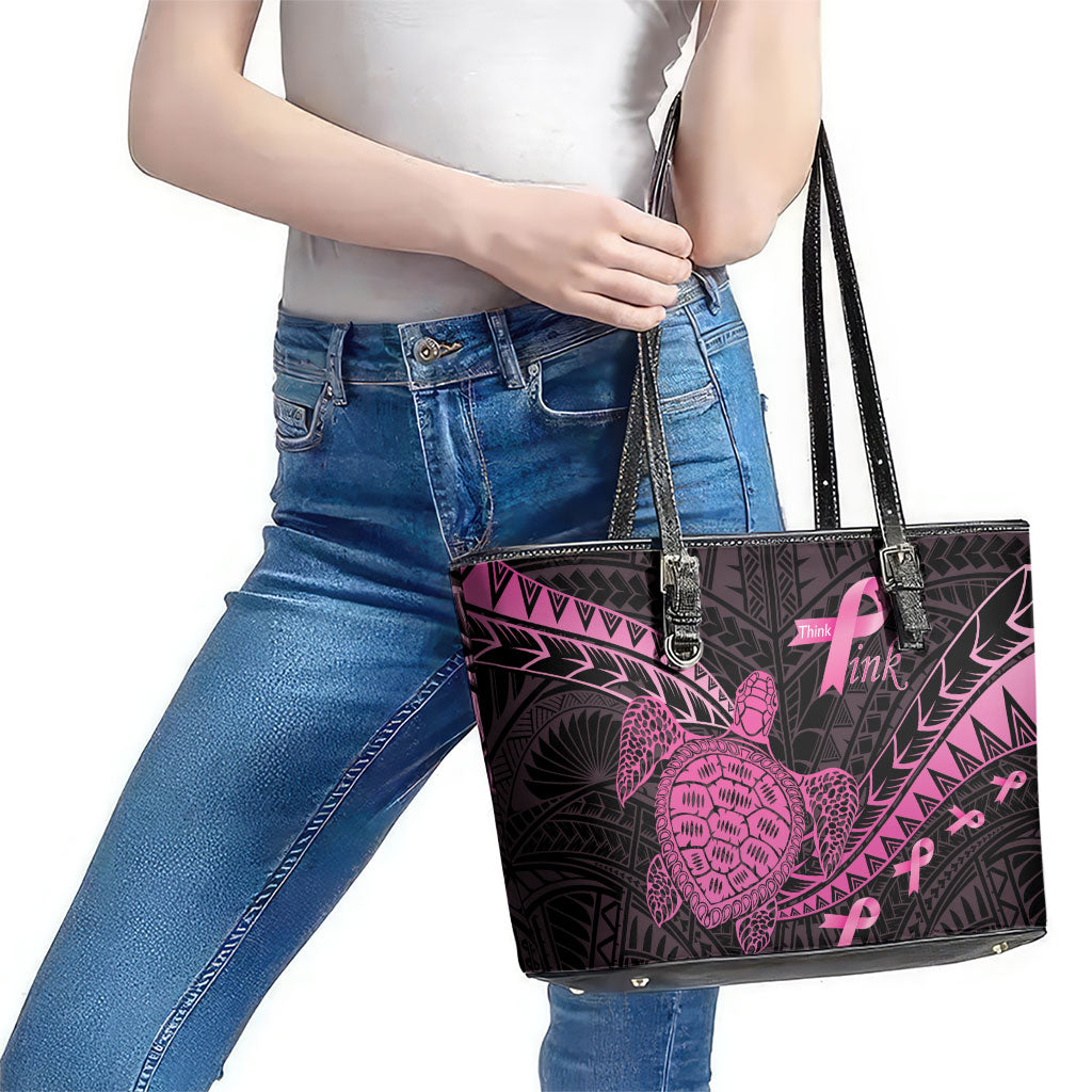 Breast Cancer Awareness Leather Tote Bag Pink Ribbon Turtle Polynesian Pattern Black