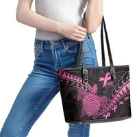 Breast Cancer Awareness Leather Tote Bag Pink Ribbon Turtle Polynesian Pattern Black