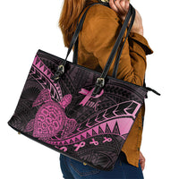 Breast Cancer Awareness Leather Tote Bag Pink Ribbon Turtle Polynesian Pattern Black