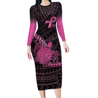 Breast Cancer Awareness Personalised Long Sleeve Bodycon Dress Pink Ribbon Turtle Polynesian Pattern Black LT22 Long Dress Pink - Polynesian Pride
