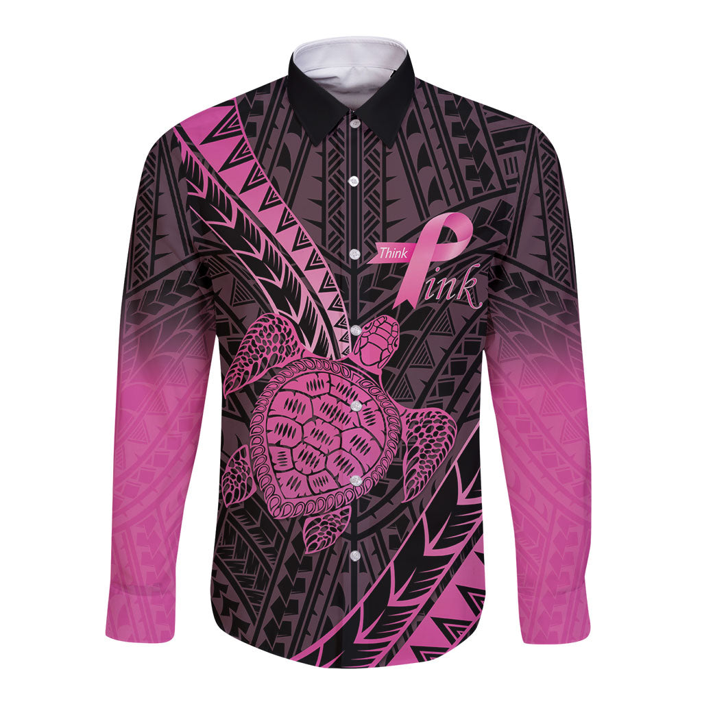 Breast Cancer Awareness Personalised Long Sleeve Button Shirt Pink Ribbon Turtle Polynesian Pattern Black LT22 Unisex Pink - Polynesian Pride