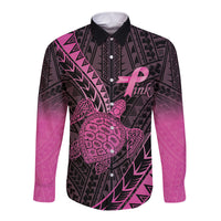 Breast Cancer Awareness Personalised Long Sleeve Button Shirt Pink Ribbon Turtle Polynesian Pattern Black LT22 Unisex Pink - Polynesian Pride