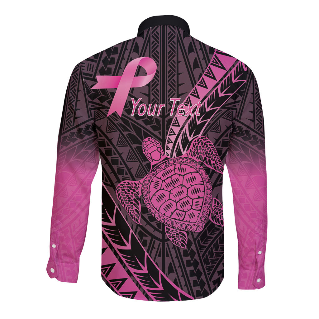 Breast Cancer Awareness Personalised Long Sleeve Button Shirt Pink Ribbon Turtle Polynesian Pattern Black LT22 - Polynesian Pride