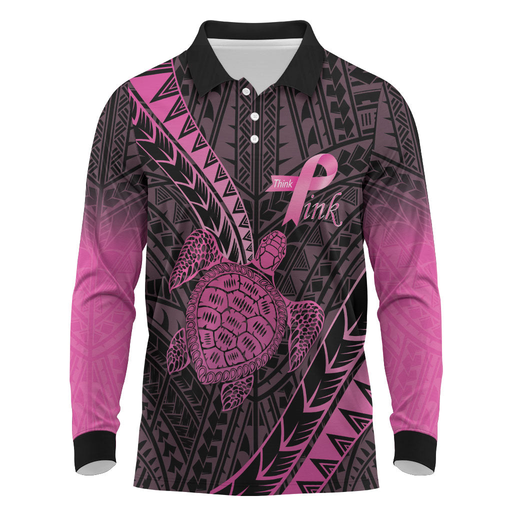 Breast Cancer Awareness Personalised Long Sleeve Polo Shirt Pink Ribbon Turtle Polynesian Pattern Black LT22 Pink - Polynesian Pride
