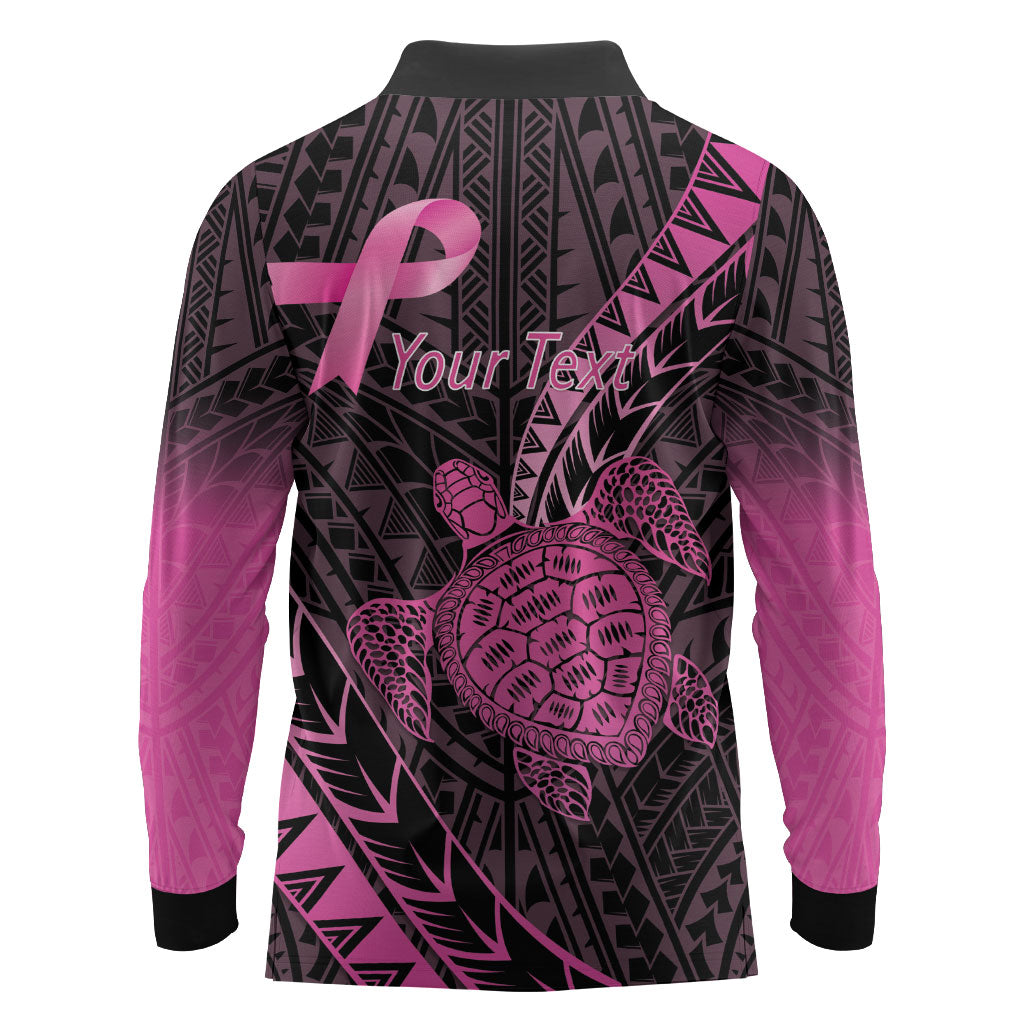 Breast Cancer Awareness Personalised Long Sleeve Polo Shirt Pink Ribbon Turtle Polynesian Pattern Black LT22 - Polynesian Pride