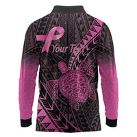 Breast Cancer Awareness Personalised Long Sleeve Polo Shirt Pink Ribbon Turtle Polynesian Pattern Black LT22 - Polynesian Pride