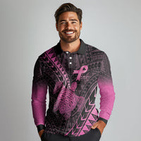 Breast Cancer Awareness Personalised Long Sleeve Polo Shirt Pink Ribbon Turtle Polynesian Pattern Black LT22 - Polynesian Pride