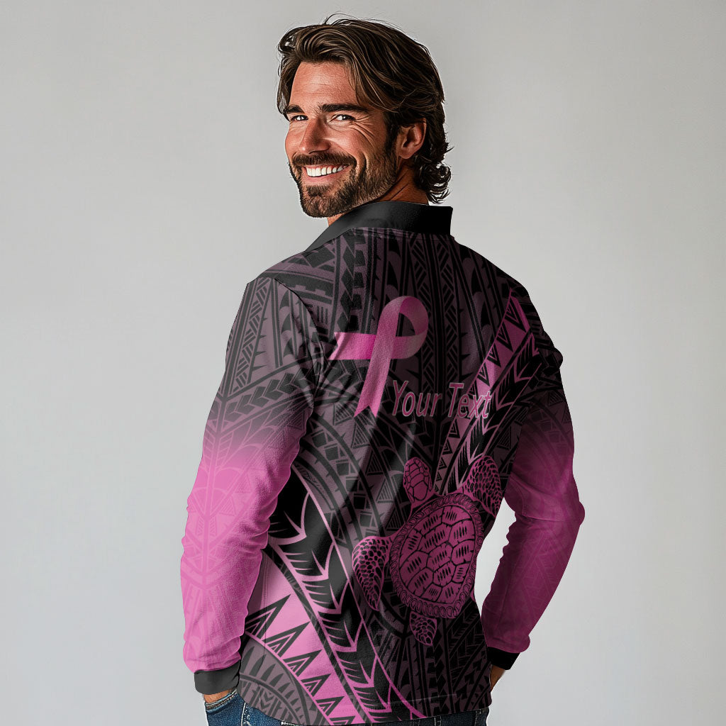 Breast Cancer Awareness Personalised Long Sleeve Polo Shirt Pink Ribbon Turtle Polynesian Pattern Black LT22 - Polynesian Pride