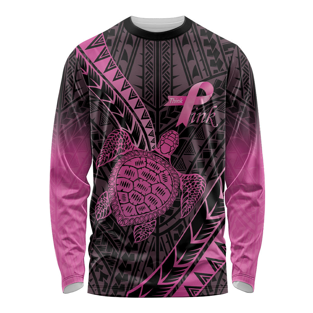 Breast Cancer Awareness Personalised Long Sleeve Shirt Pink Ribbon Turtle Polynesian Pattern Black LT22 Unisex Pink - Polynesian Pride