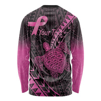 Breast Cancer Awareness Personalised Long Sleeve Shirt Pink Ribbon Turtle Polynesian Pattern Black LT22 - Polynesian Pride