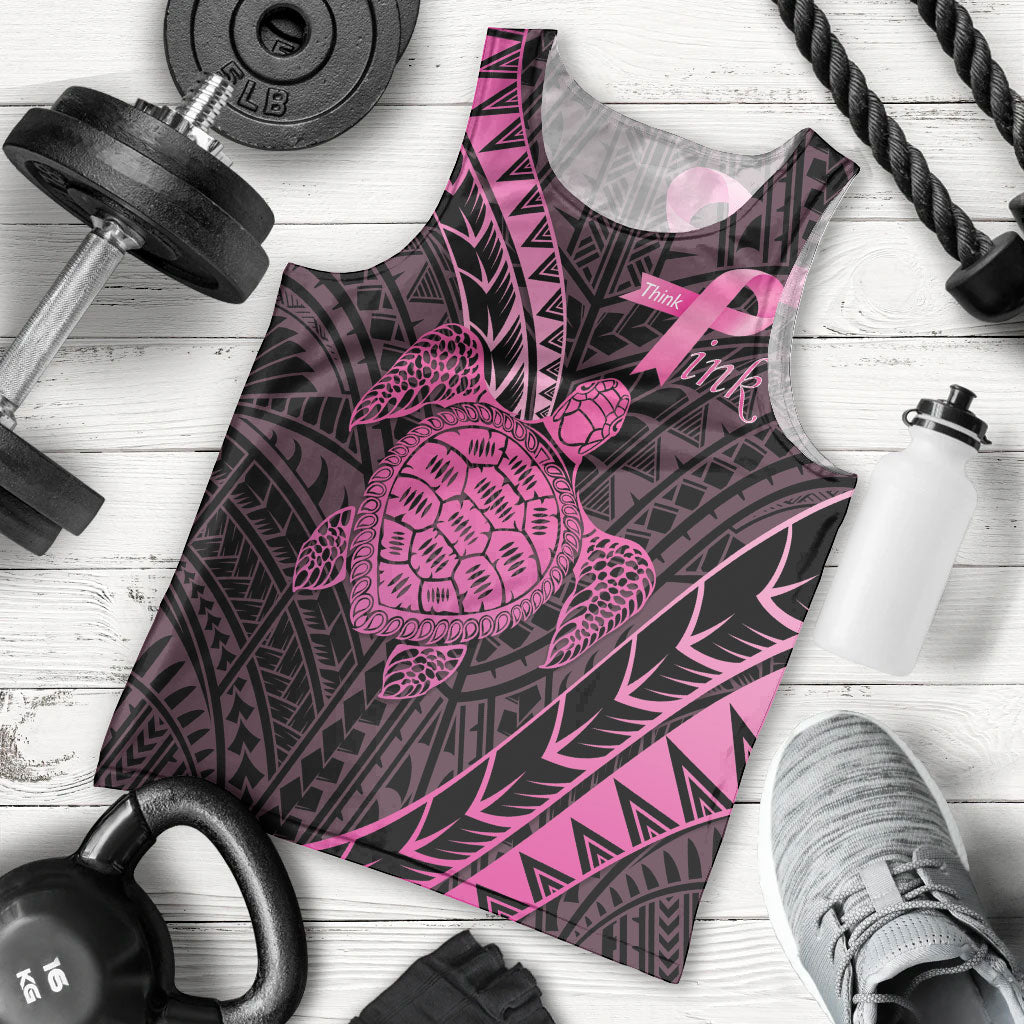 Breast Cancer Awareness Personalised Men Tank Top Pink Ribbon Turtle Polynesian Pattern Black LT22 - Polynesian Pride