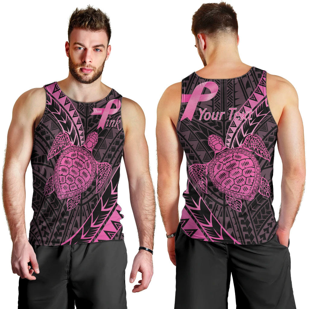 Breast Cancer Awareness Personalised Men Tank Top Pink Ribbon Turtle Polynesian Pattern Black LT22 - Polynesian Pride
