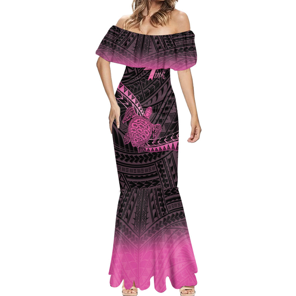 Breast Cancer Awareness Personalised Mermaid Dress Pink Ribbon Turtle Polynesian Pattern Black LT22 - Polynesian Pride