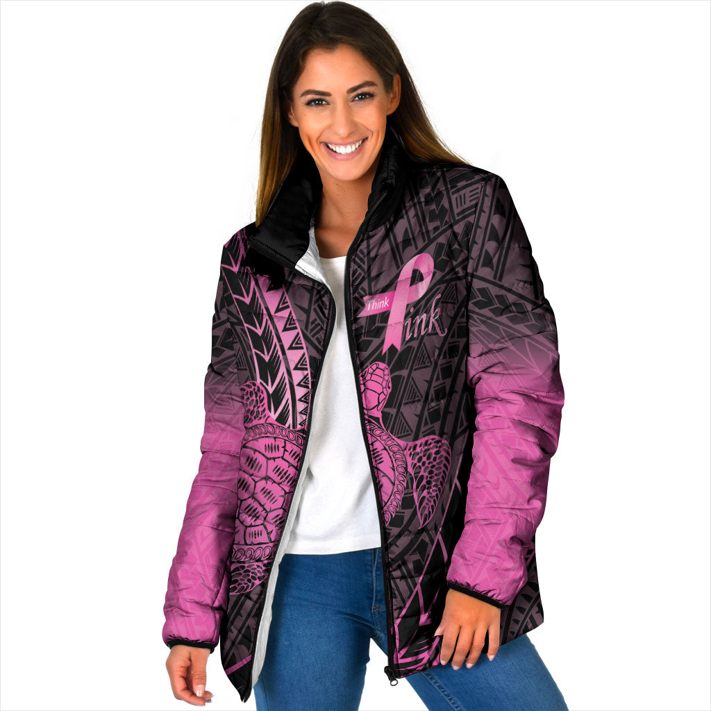 Breast Cancer Awareness Personalised Padded Jacket Pink Ribbon Turtle Polynesian Pattern Black LT22 Women Pink - Polynesian Pride