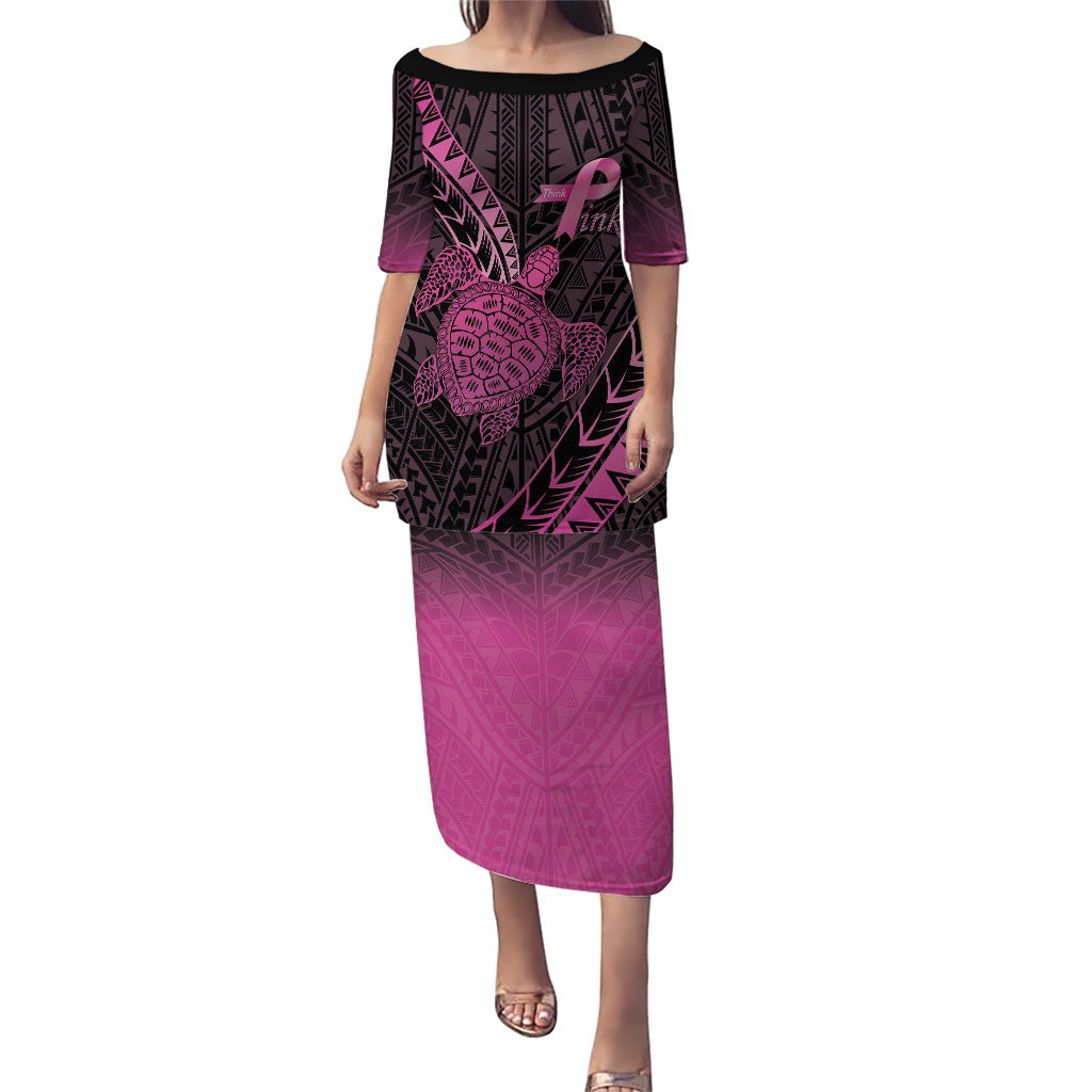 Breast Cancer Awareness Personalised Puletasi Pink Ribbon Turtle Polynesian Pattern Black LT22 Long Dress Pink - Polynesian Pride