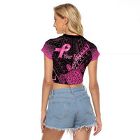 Breast Cancer Awareness Personalised Raglan Cropped T Shirt Pink Ribbon Turtle Polynesian Pattern Black LT22 - Polynesian Pride