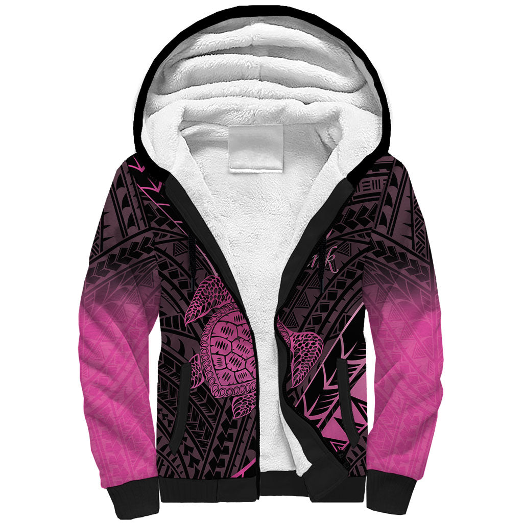 Breast Cancer Awareness Personalised Sherpa Hoodie Pink Ribbon Turtle Polynesian Pattern Black LT22 Unisex Pink - Polynesian Pride