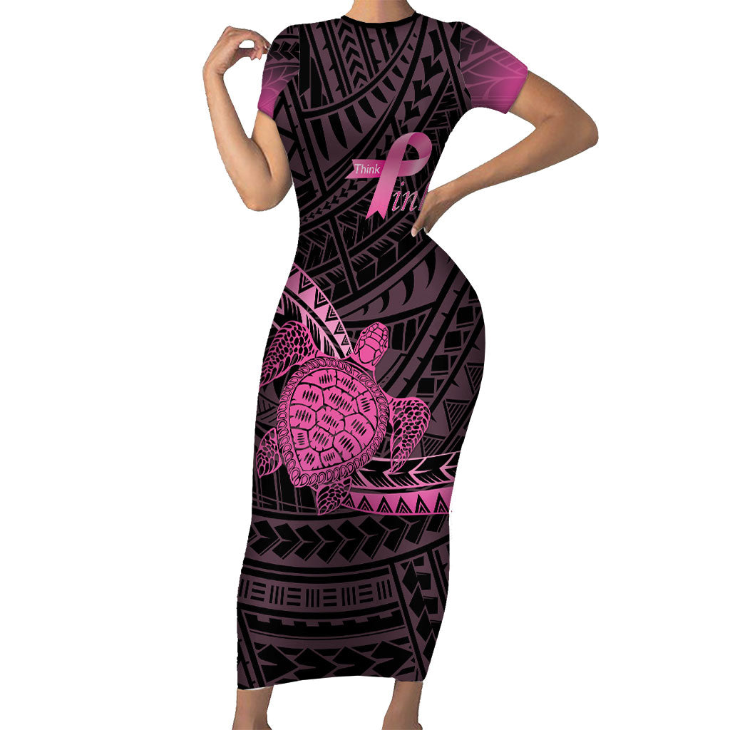 Breast Cancer Awareness Personalised Short Sleeve Bodycon Dress Pink Ribbon Turtle Polynesian Pattern Black LT22 Long Dress Pink - Polynesian Pride