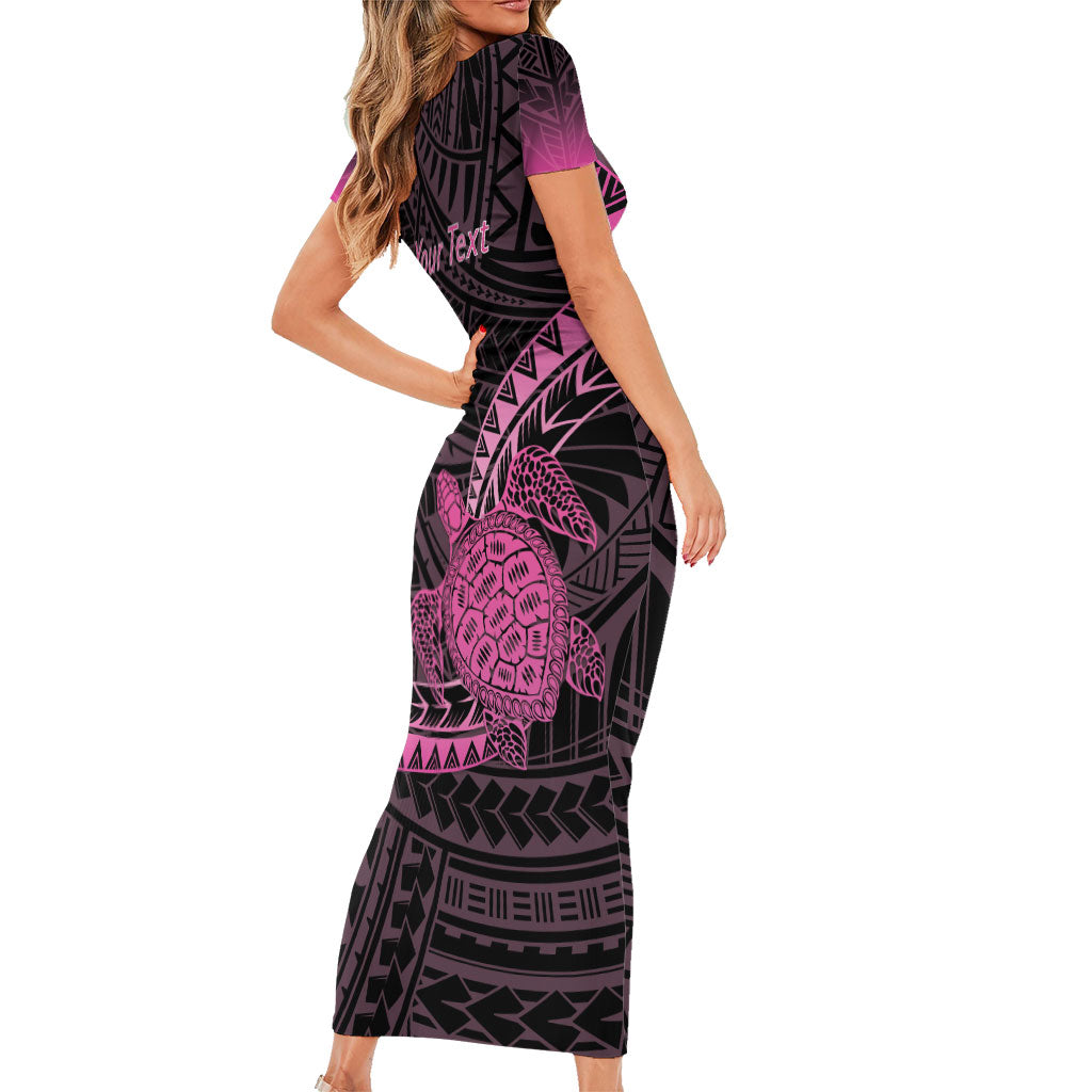 Breast Cancer Awareness Personalised Short Sleeve Bodycon Dress Pink Ribbon Turtle Polynesian Pattern Black LT22 - Polynesian Pride
