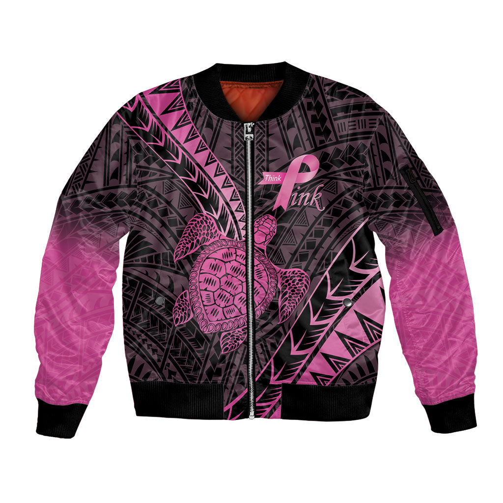 Breast Cancer Awareness Personalised Sleeve Zip Bomber Jacket Pink Ribbon Turtle Polynesian Pattern Black LT22 Unisex Pink - Polynesian Pride