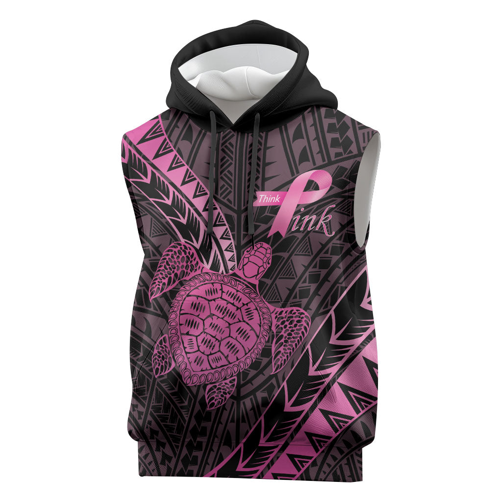 Breast Cancer Awareness Personalised Sleeveless Hoodie Pink Ribbon Turtle Polynesian Pattern Black LT22 Pink - Polynesian Pride