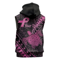 Breast Cancer Awareness Personalised Sleeveless Hoodie Pink Ribbon Turtle Polynesian Pattern Black LT22 - Polynesian Pride