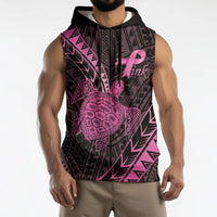 Breast Cancer Awareness Personalised Sleeveless Hoodie Pink Ribbon Turtle Polynesian Pattern Black LT22 - Polynesian Pride