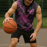 Breast Cancer Awareness Personalised Sleeveless Hoodie Pink Ribbon Turtle Polynesian Pattern Black LT22 - Polynesian Pride