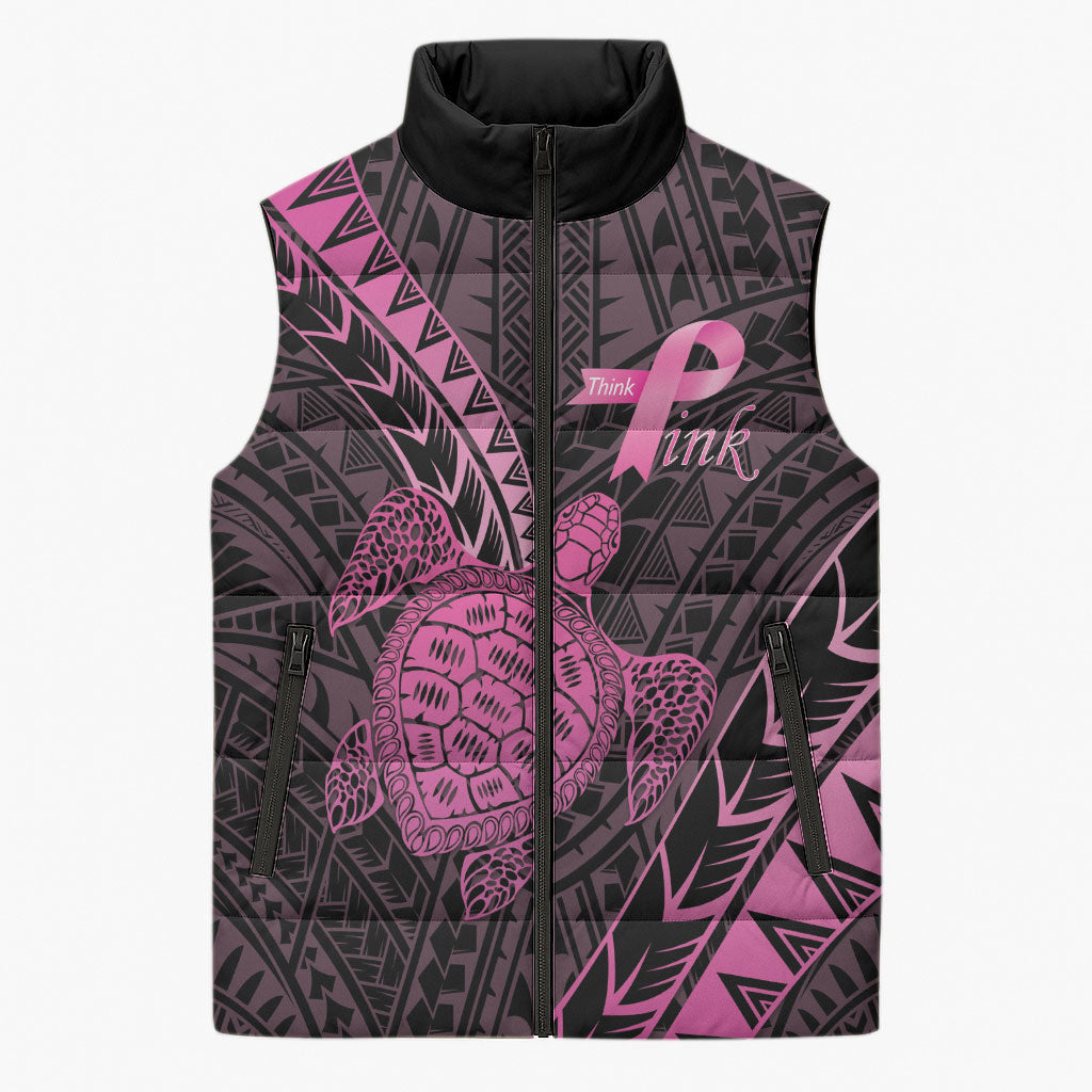 Breast Cancer Awareness Personalised Sleeveless Puffer Jacket Pink Ribbon Turtle Polynesian Pattern Black