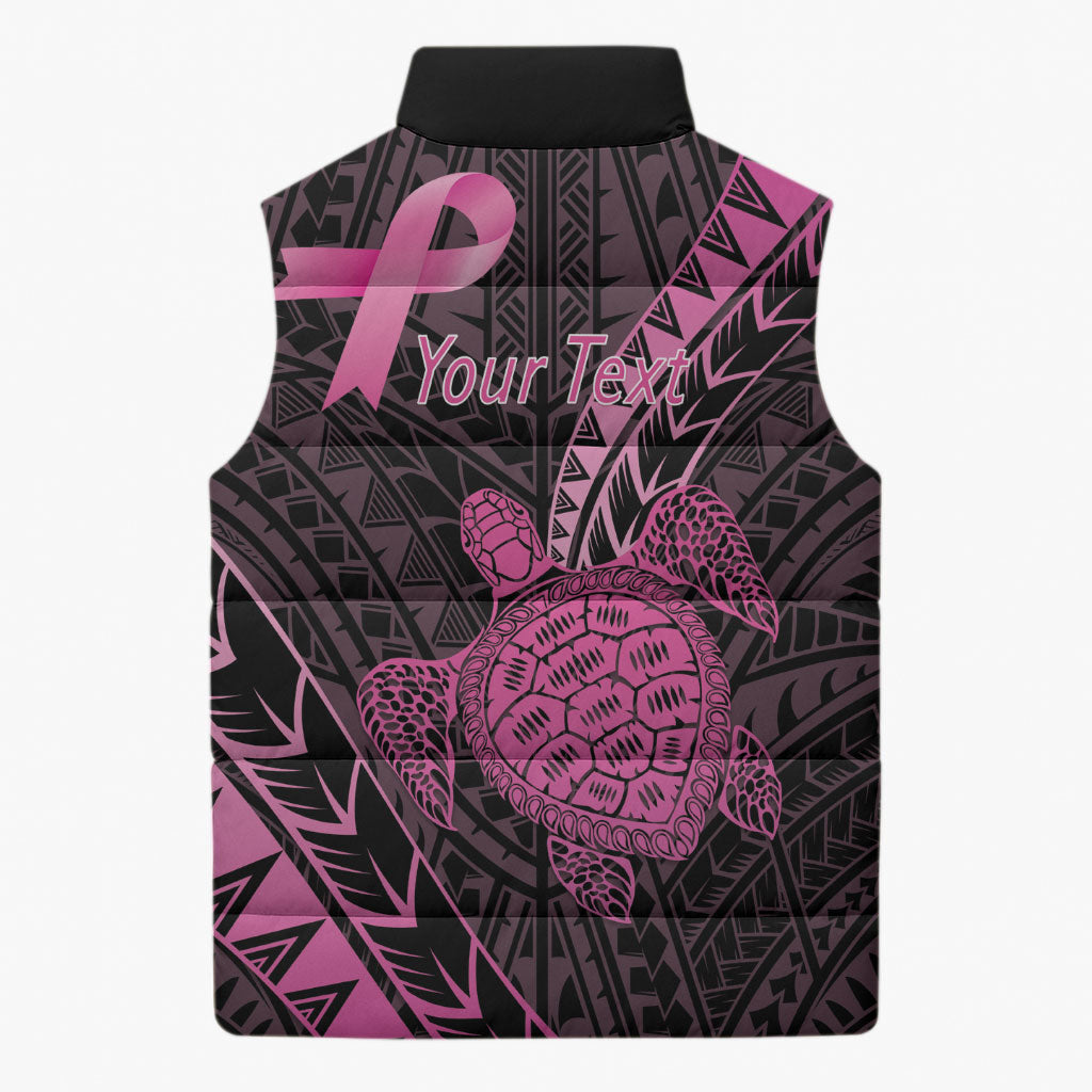 Breast Cancer Awareness Personalised Sleeveless Puffer Jacket Pink Ribbon Turtle Polynesian Pattern Black LT22 - Polynesian Pride