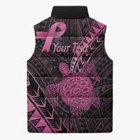 Breast Cancer Awareness Personalised Sleeveless Puffer Jacket Pink Ribbon Turtle Polynesian Pattern Black LT22 - Polynesian Pride