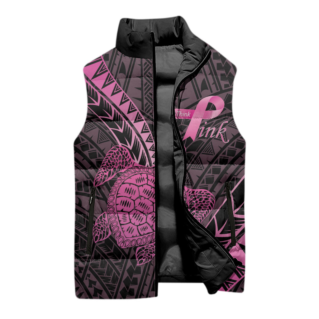 Breast Cancer Awareness Personalised Sleeveless Puffer Jacket Pink Ribbon Turtle Polynesian Pattern Black LT22 - Polynesian Pride