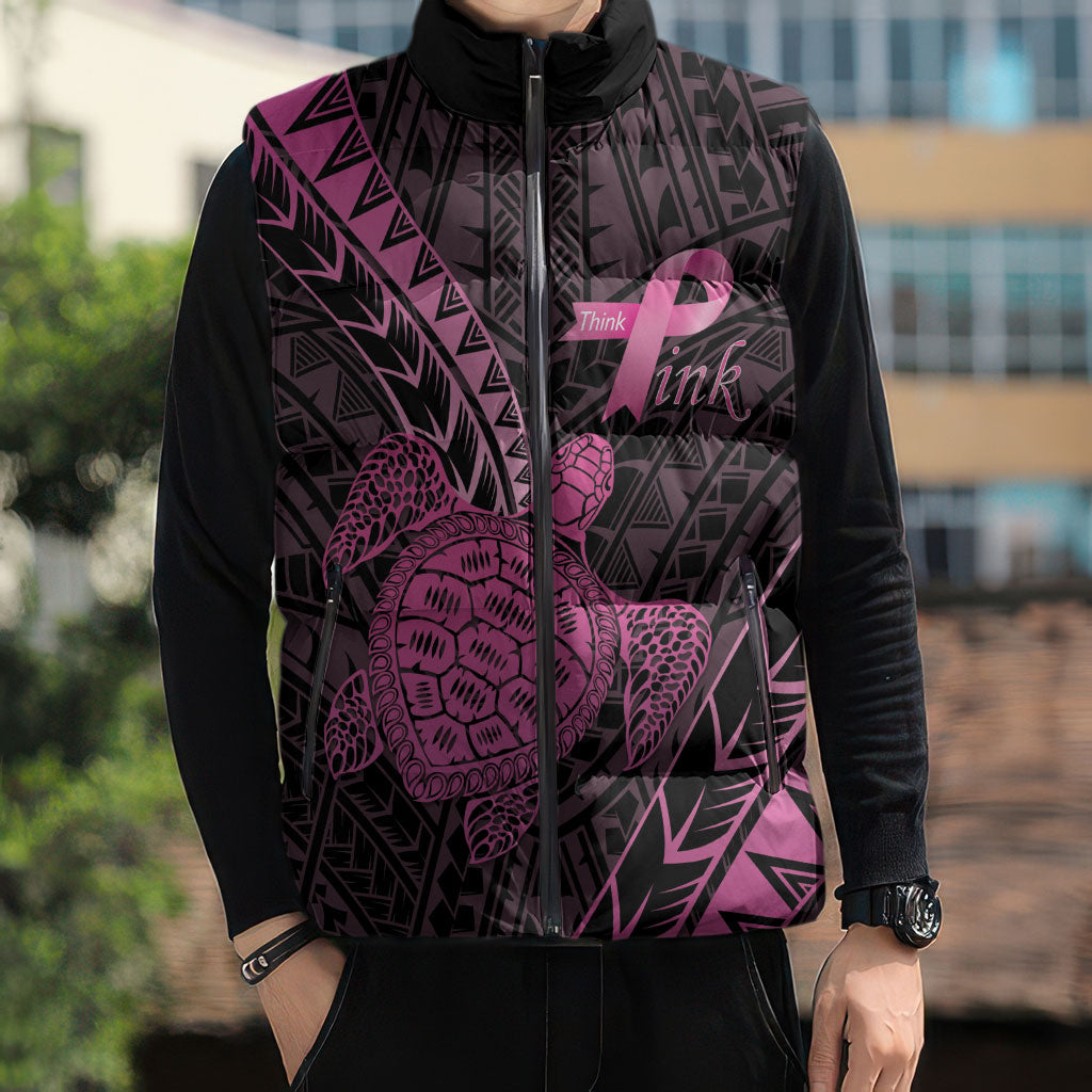 Breast Cancer Awareness Personalised Sleeveless Puffer Jacket Pink Ribbon Turtle Polynesian Pattern Black LT22 - Polynesian Pride