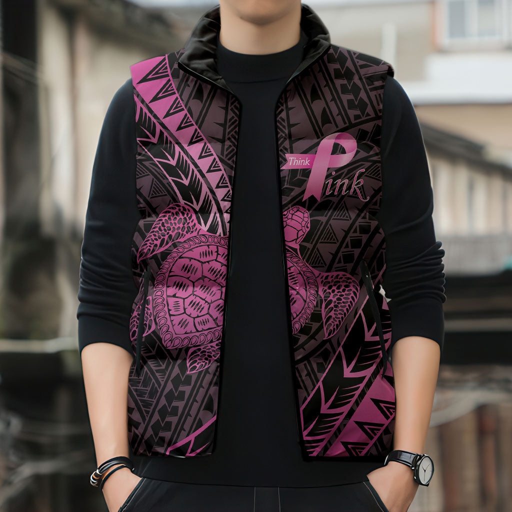 Breast Cancer Awareness Personalised Sleeveless Puffer Jacket Pink Ribbon Turtle Polynesian Pattern Black LT22 - Polynesian Pride
