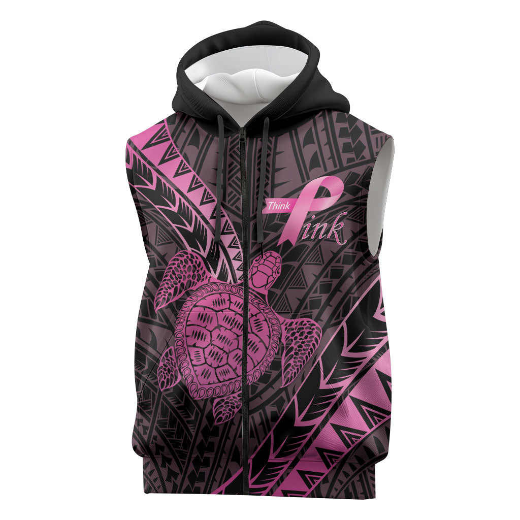 Breast Cancer Awareness Personalised Sleeveless Zip Hoodie Pink Ribbon Turtle Polynesian Pattern Black LT22 Pink - Polynesian Pride
