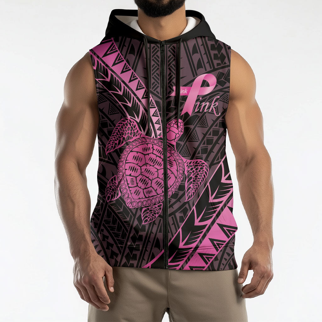 Breast Cancer Awareness Personalised Sleeveless Zip Hoodie Pink Ribbon Turtle Polynesian Pattern Black LT22 - Polynesian Pride